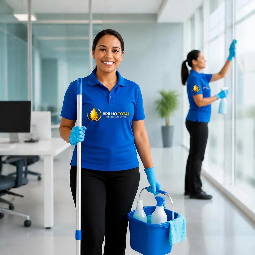 Faxineira profissional da Brilho Total com uniforme azul, balde de produtos e esfregão em escritório moderno